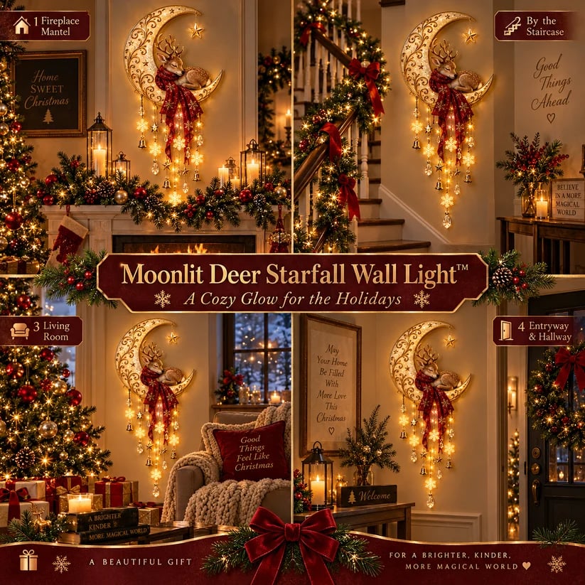 🦌🌙 Moonlit Deer Starfall Wall Light™ – Lighted Christmas Wall Decor