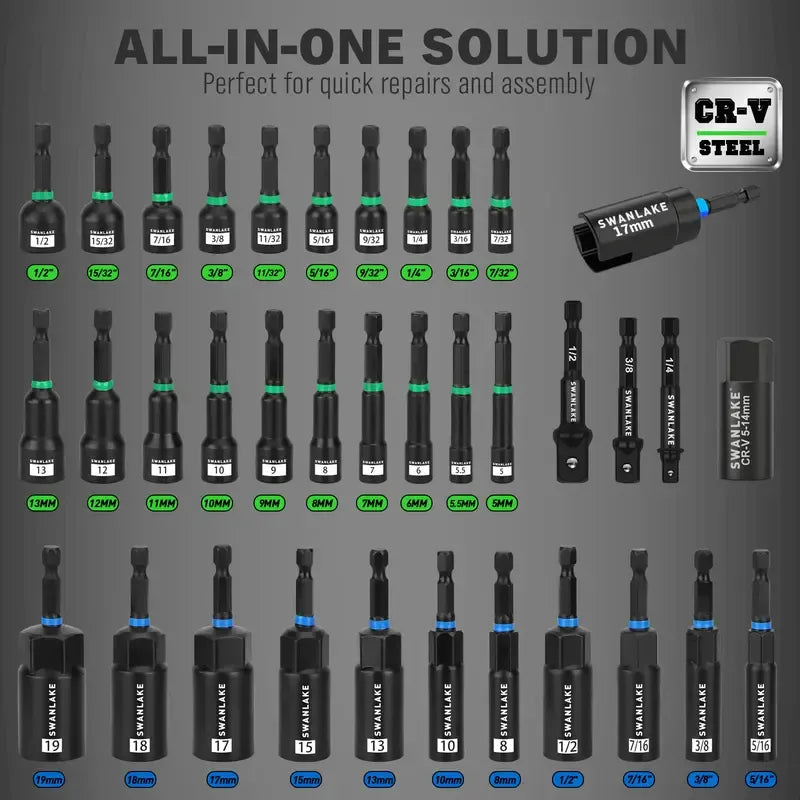 Magnetic Nut Driver Set for Impact Drill Metric & SAE, 74 or 41 Piece, Impact Socket Adapter, Power Bits with Magnetic Holder