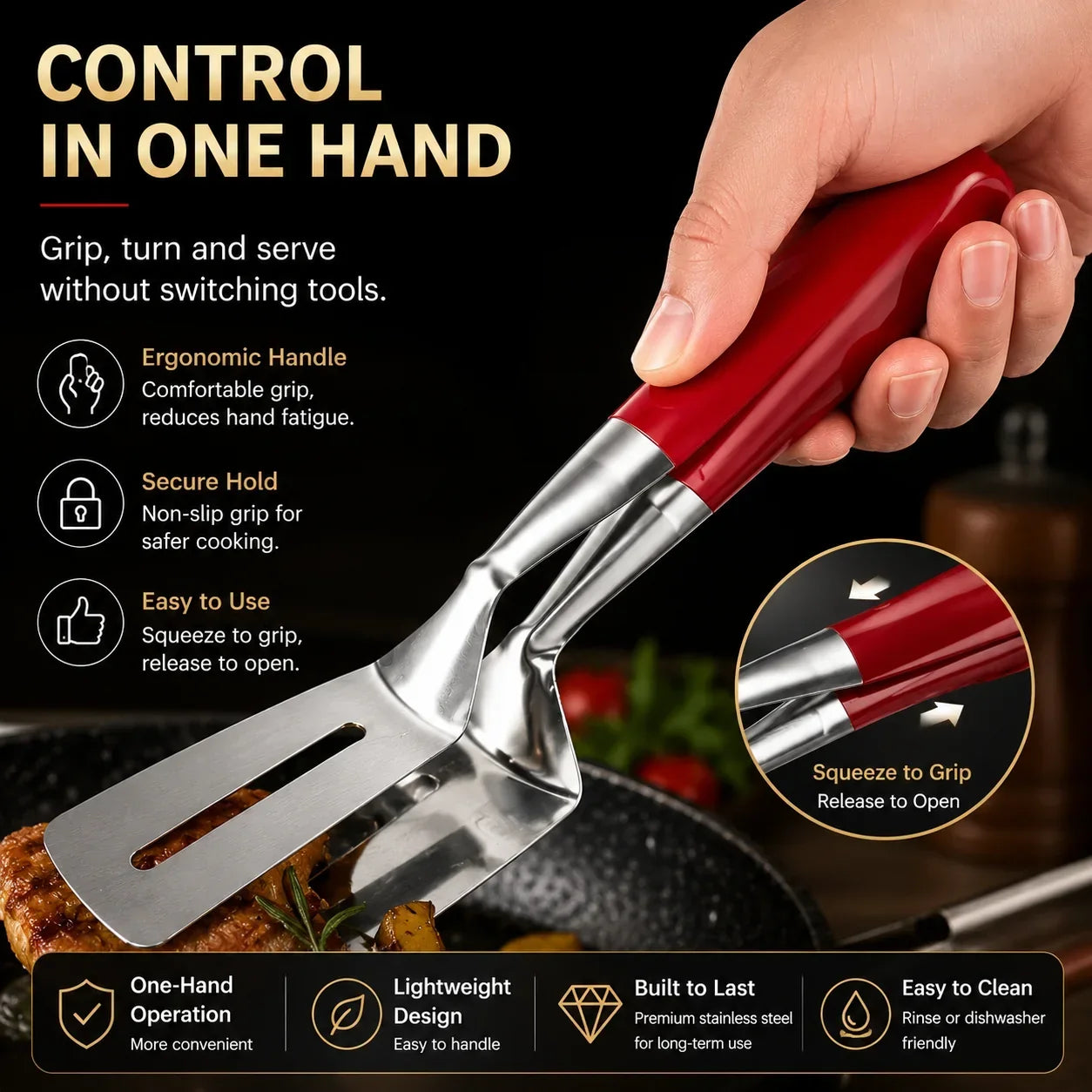 🔥 Limited-Time 50% OFF 🥩 2-in-1 Spatula Tongs — Grip, Flip, Drain & Serve with Ease
