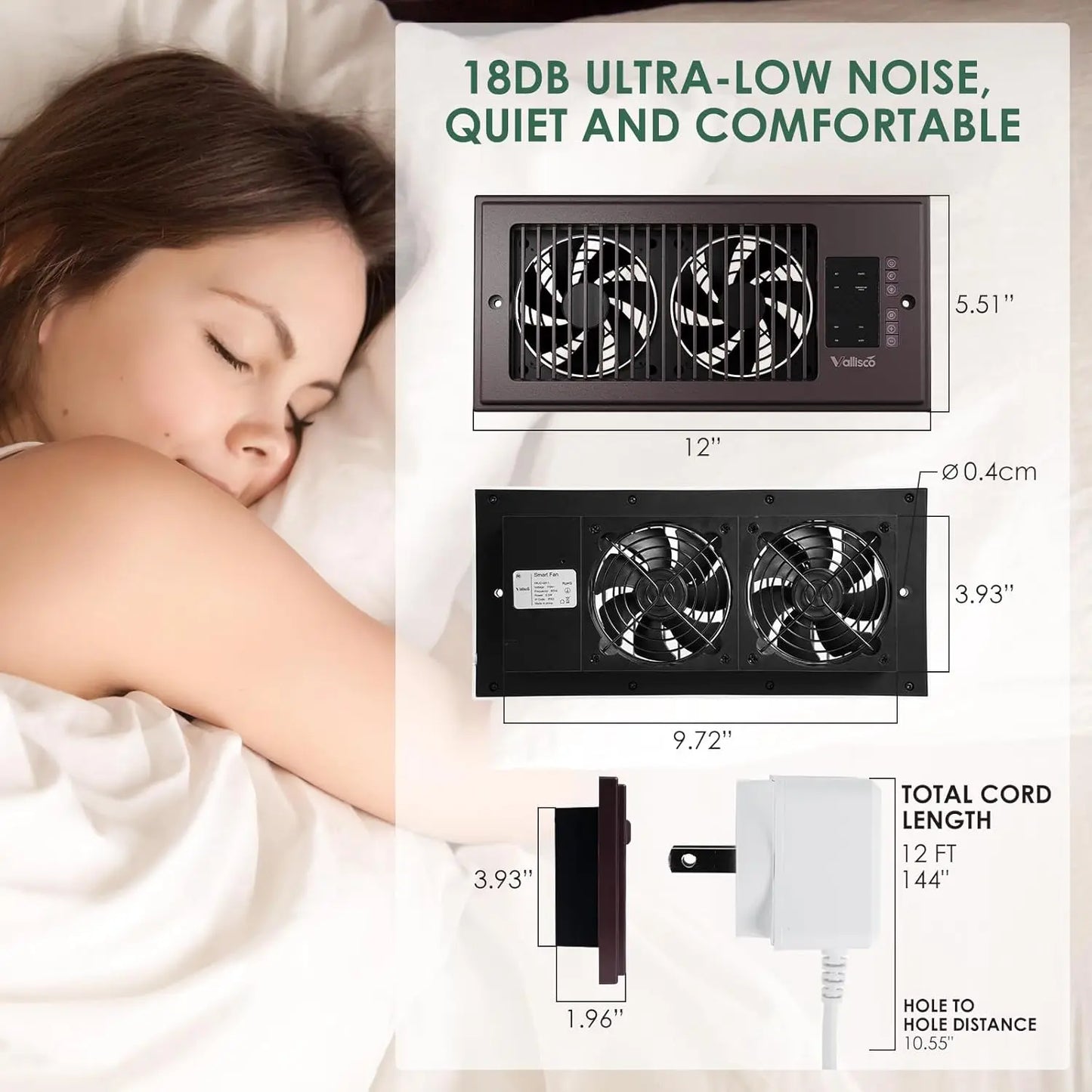 Smart Register Vent Fan with Heating & Cooling Modes, Quiet 18DB Floor Vent Booster Fan with Remote Control, Built-in Ionizer Digital Temperature Display for Home HVAC Vents