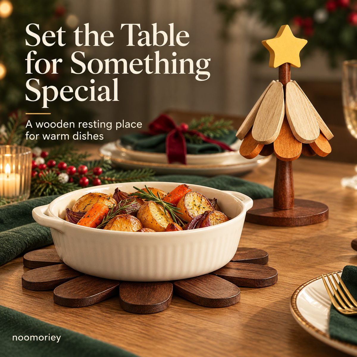 🎄 Christmas Tree Wooden Trivet Set – Foldable Hot Dish Mats with Decorative Star-Top Stand
