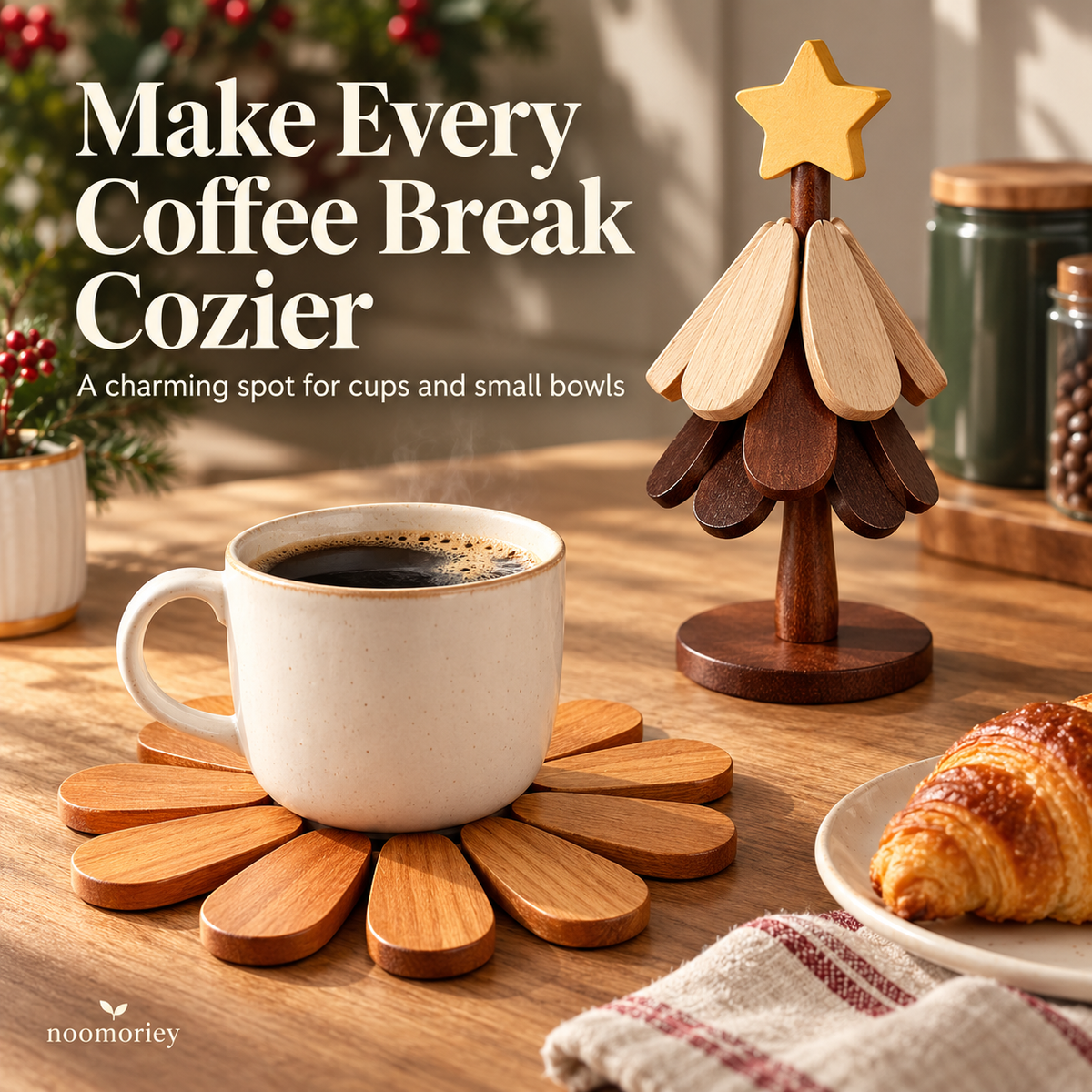 🎄 Christmas Tree Wooden Trivet Set – Foldable Hot Dish Mats with Decorative Star-Top Stand