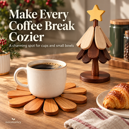 🎄 Christmas Tree Wooden Trivet Set – Foldable Hot Dish Mats with Decorative Star-Top Stand