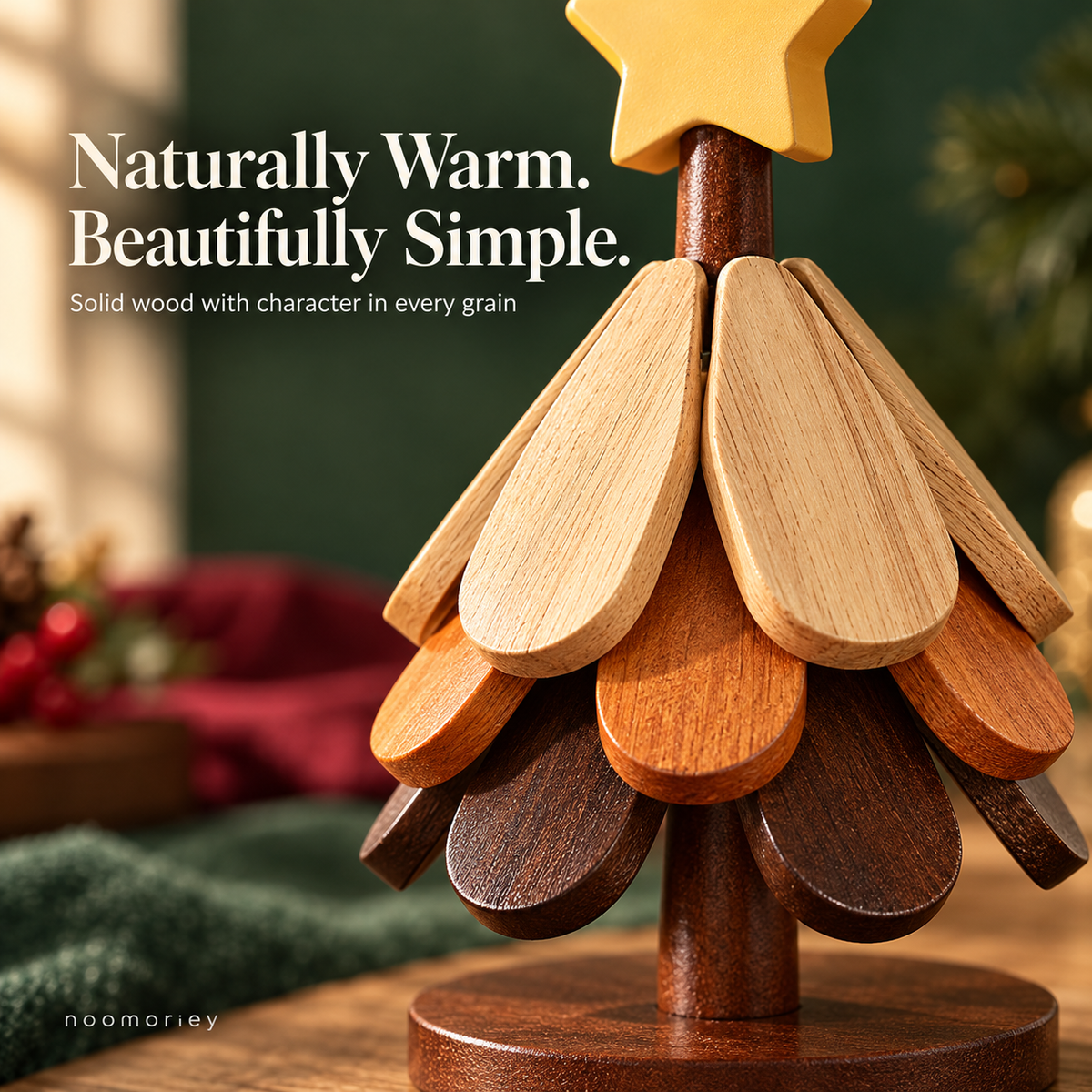 🎄 Christmas Tree Wooden Trivet Set – Foldable Hot Dish Mats with Decorative Star-Top Stand