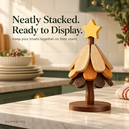 🎄 Christmas Tree Wooden Trivet Set – Foldable Hot Dish Mats with Decorative Star-Top Stand