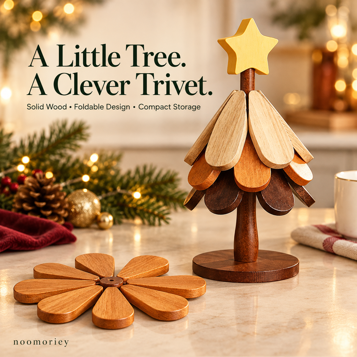 🎄 Christmas Tree Wooden Trivet Set – Foldable Hot Dish Mats with Decorative Star-Top Stand