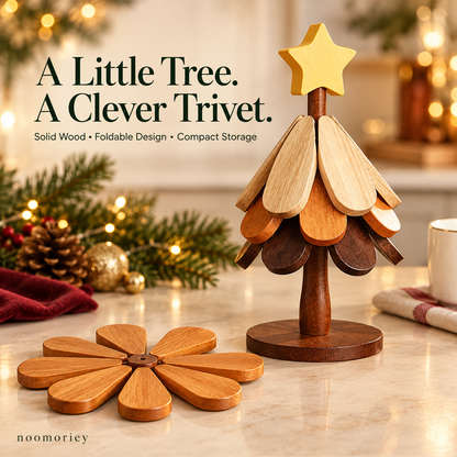 🎄 Christmas Tree Wooden Trivet Set – Foldable Hot Dish Mats with Decorative Star-Top Stand