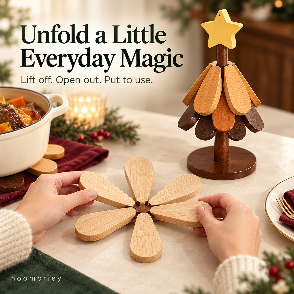 🎄 Christmas Tree Wooden Trivet Set – Foldable Hot Dish Mats with Decorative Star-Top Stand