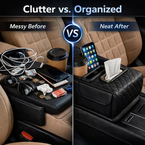 🚗 Car Console Organizer – PU Leather Armrest, Side Storage, Cup Holder