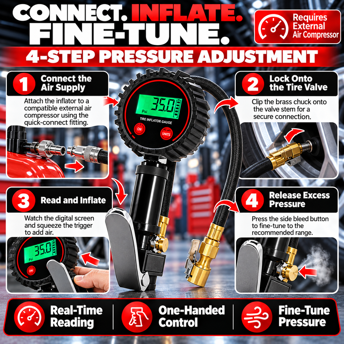 🚗 200 PSI Digital Tire Inflator Gauge – 3-in-1 Air Chuck, Pressure Gauge & Bleeder