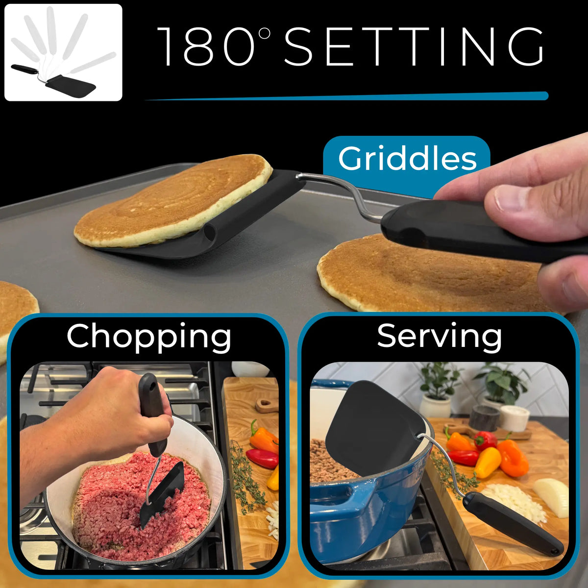 Adaptchula™ - Spatula with adjustable angles, a must have kitchen gadget!  Kitchen accessories should serve a purpose!  Perfect for Air Fryers, griddles and everything in-between! Includes 2 Spatula heads made from PPSU - BPA/BPS and PFAS free.  Non-Toxic