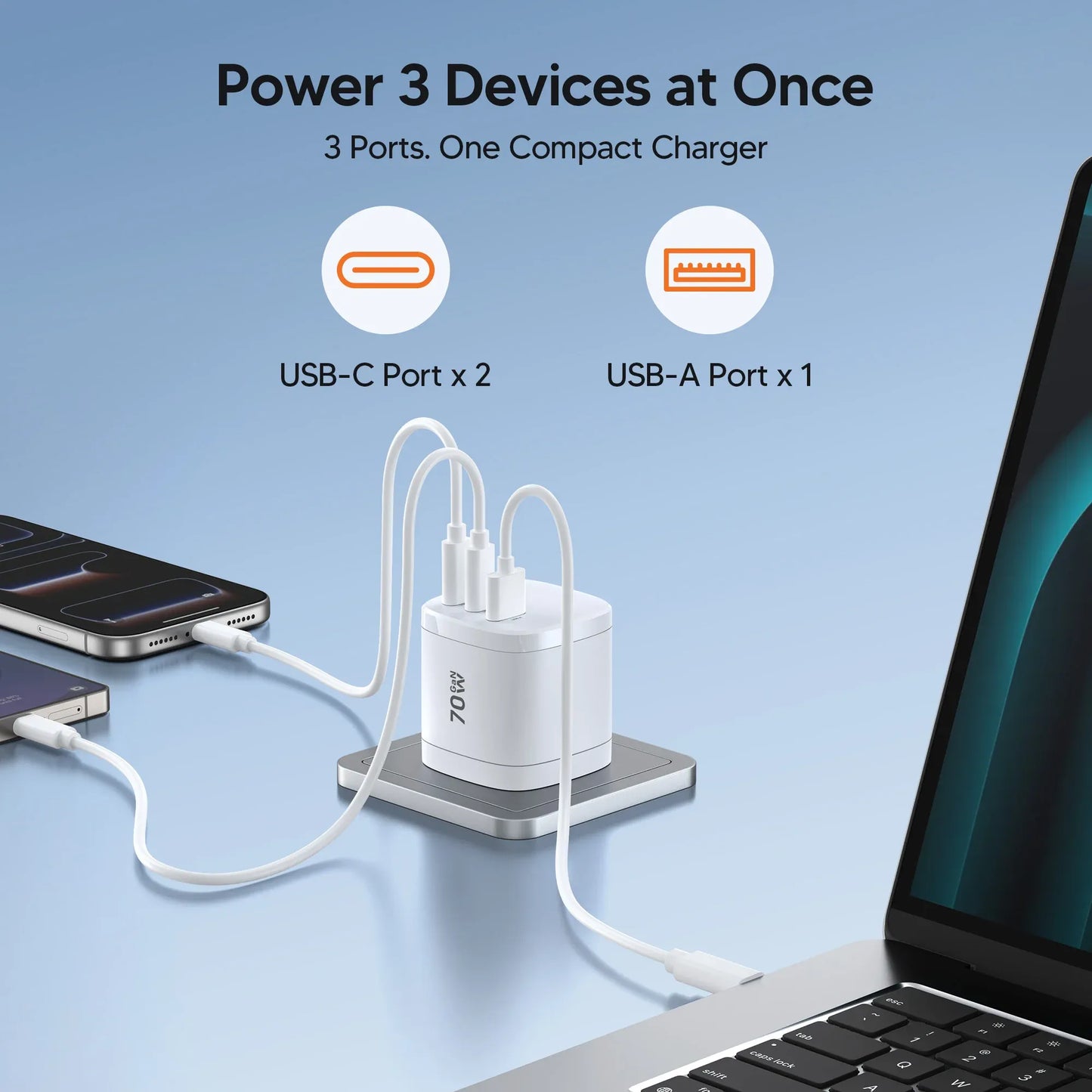 360° Rotating 4-in-1 Universal Travel Charger | 70W GaN