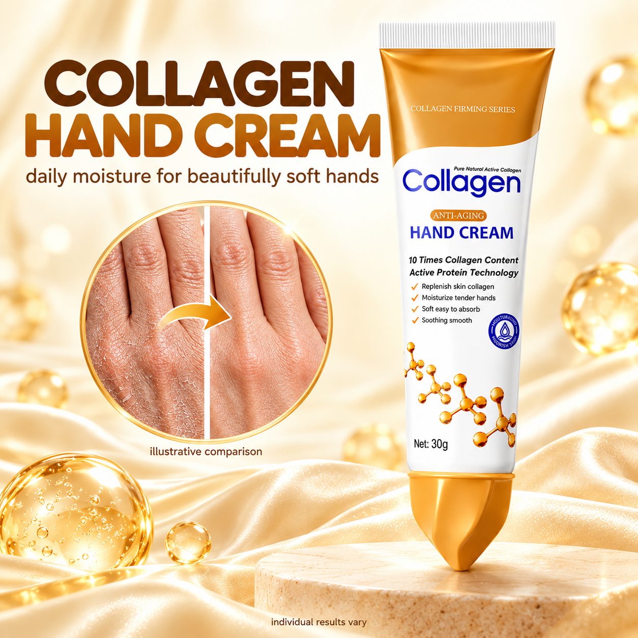 Collagen Softening Hand Cream in a gold and white 30 gram tube