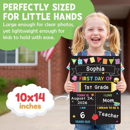 First Day of School Sign Board with Chalk Marker and Flag