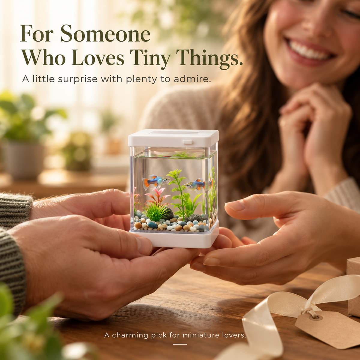 🐠🌿 Mini Desktop Aquarium Display – Clear-Sided Fish Scene with Decorative Plants, Pebble Details & Removable Top | Cozy Desk Decor ✨