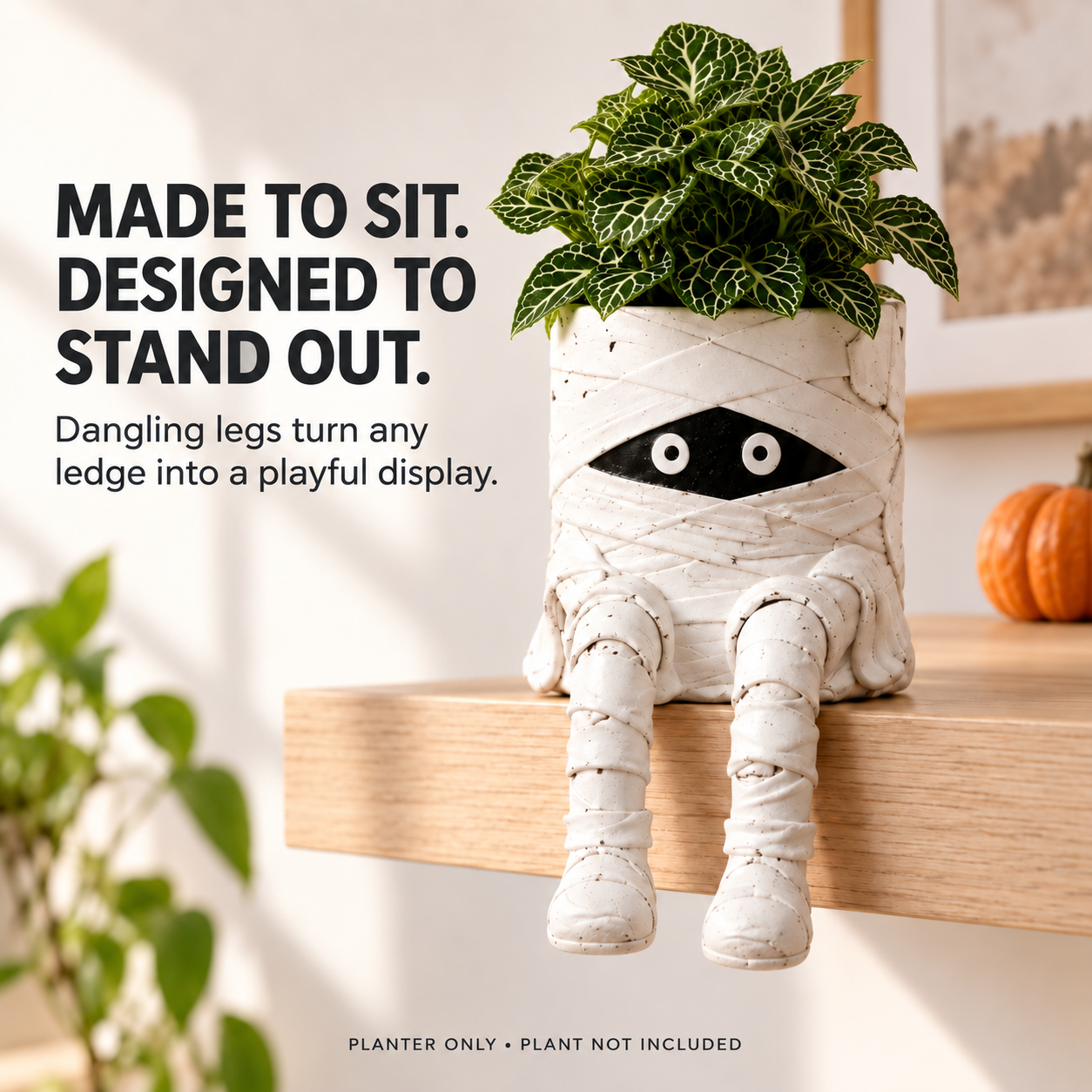 🎃 Halloween Sitting Planter with Dangling Legs – Cute Spooky Character Plant Pot for Fall Home Decor & Plant Lovers Gift