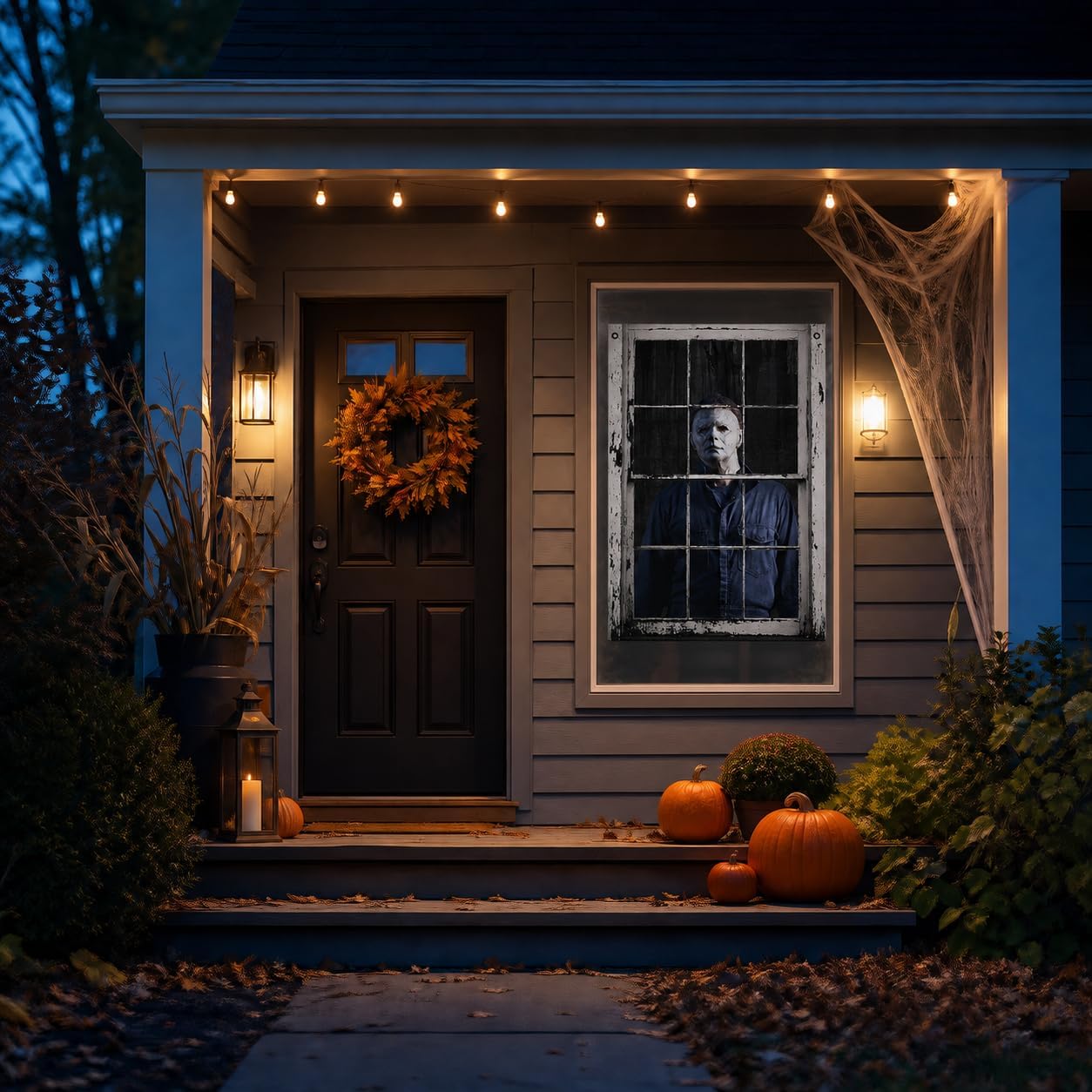 👁️ [Scare Neighbors] 3D Halloween Window Poster: Realistic Horror Scene