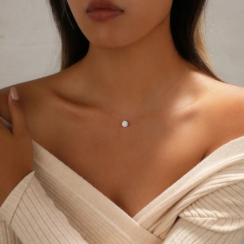 Women's Floating Cubic Zirconia Pendant Necklace on Invisible Transparent Cord