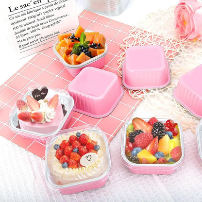 30-Pack Pink Mini Foil Cake Pans with Lids – 5oz Disposable Dessert Cups