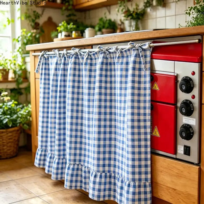 2026 Farmhouse-Style Stove Curtain, Gingham Grid Ruffle-Edge Tier Curtains