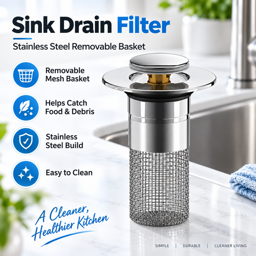 🚰✨ DrainGuard – 2-in-1 Pop-Up Sink Stopper & Stainless Steel Hair Catcher