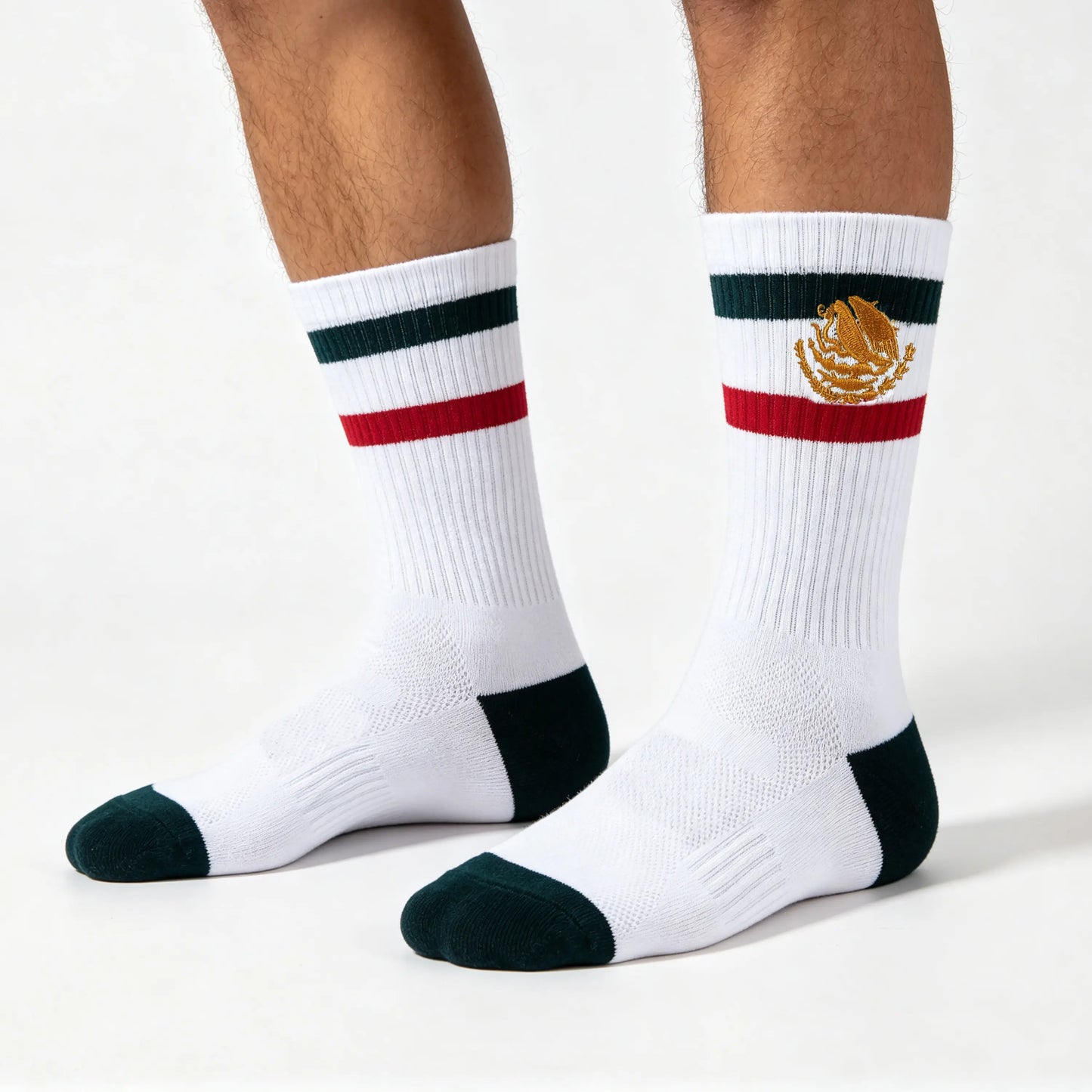 2 Pairs Retro Mexican Pride Crew Socks - Gold Embroidered Striped Streetwear Socks