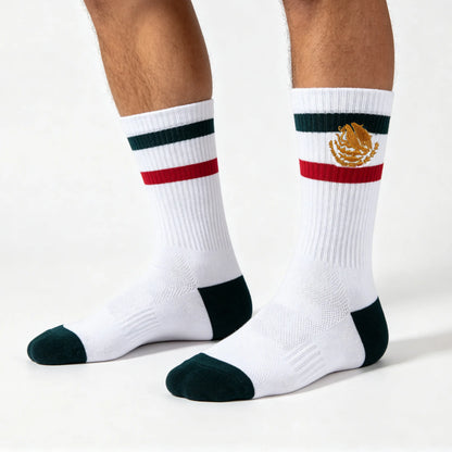 2 Pairs Retro Mexican Pride Crew Socks - Gold Embroidered Striped Streetwear Socks