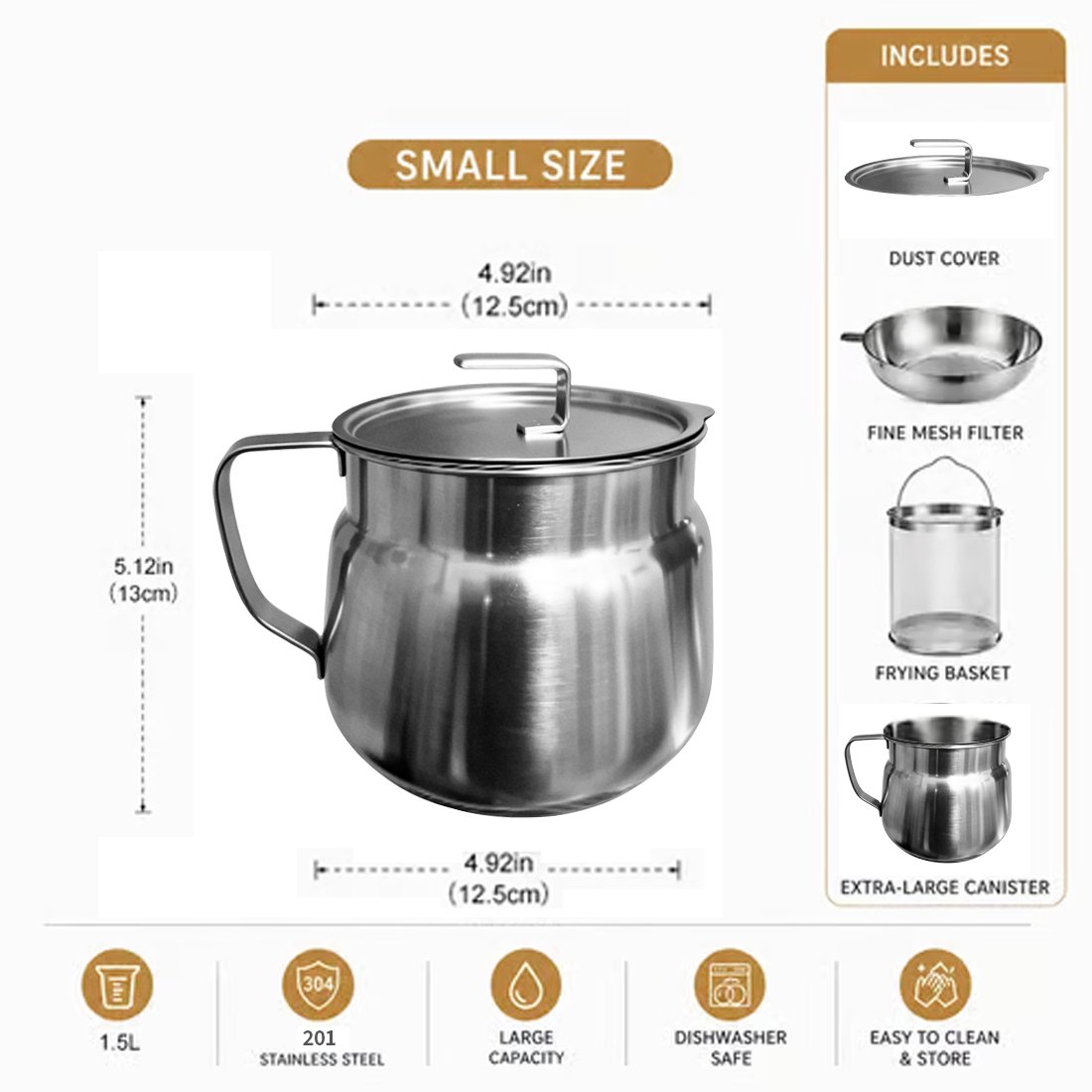 68oz 201Stainless Steel Deep Fryer Pot with Basket & Strainer