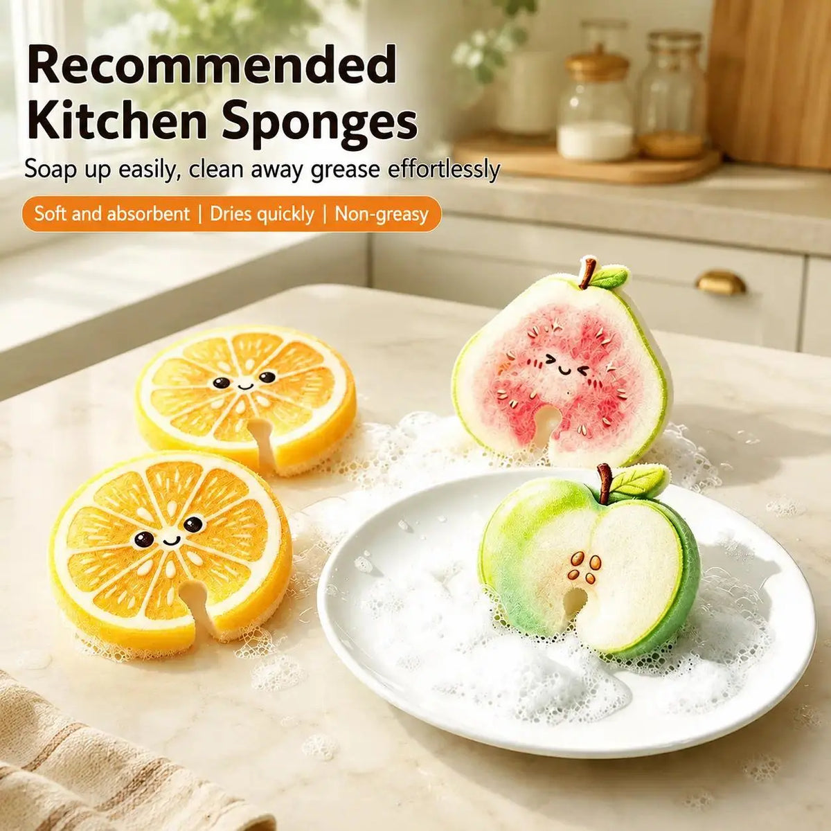 🔥HOT SALE💥 Compressed Cellulose Sponges - 3-Pack Fruit-Shaped Natural Pop-Up Kitchen Sponges🧽