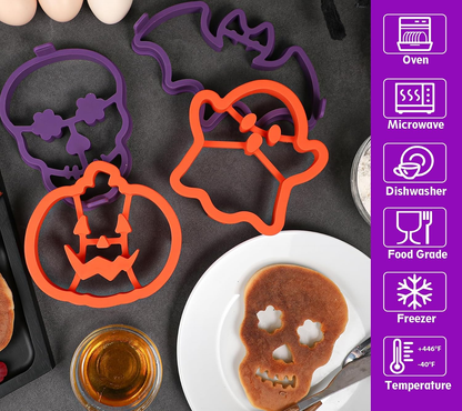 🎃 4-Piece Halloween Pancake Mold Set – Ghost, Bat, Pumpkin & Skull Silicone Breakfast Shapers