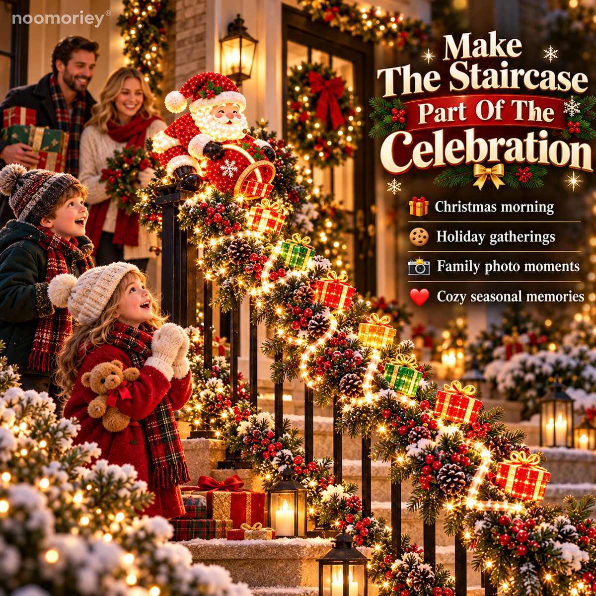 🎅 Illuminated Santa Staircase Railing Christmas Display with Glowing Gift Lights