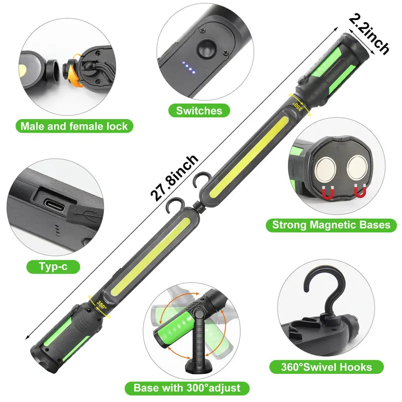 🚗💡Rechargeable 2400LM USB Work Light Bar for Mechanics, 4400mAh Battery, Hooks & Magnetic Attachment