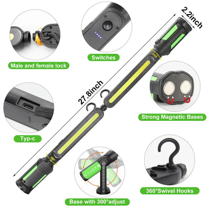 🚗💡Rechargeable 2400LM USB Work Light Bar for Mechanics, 4400mAh Battery, Hooks & Magnetic Attachment