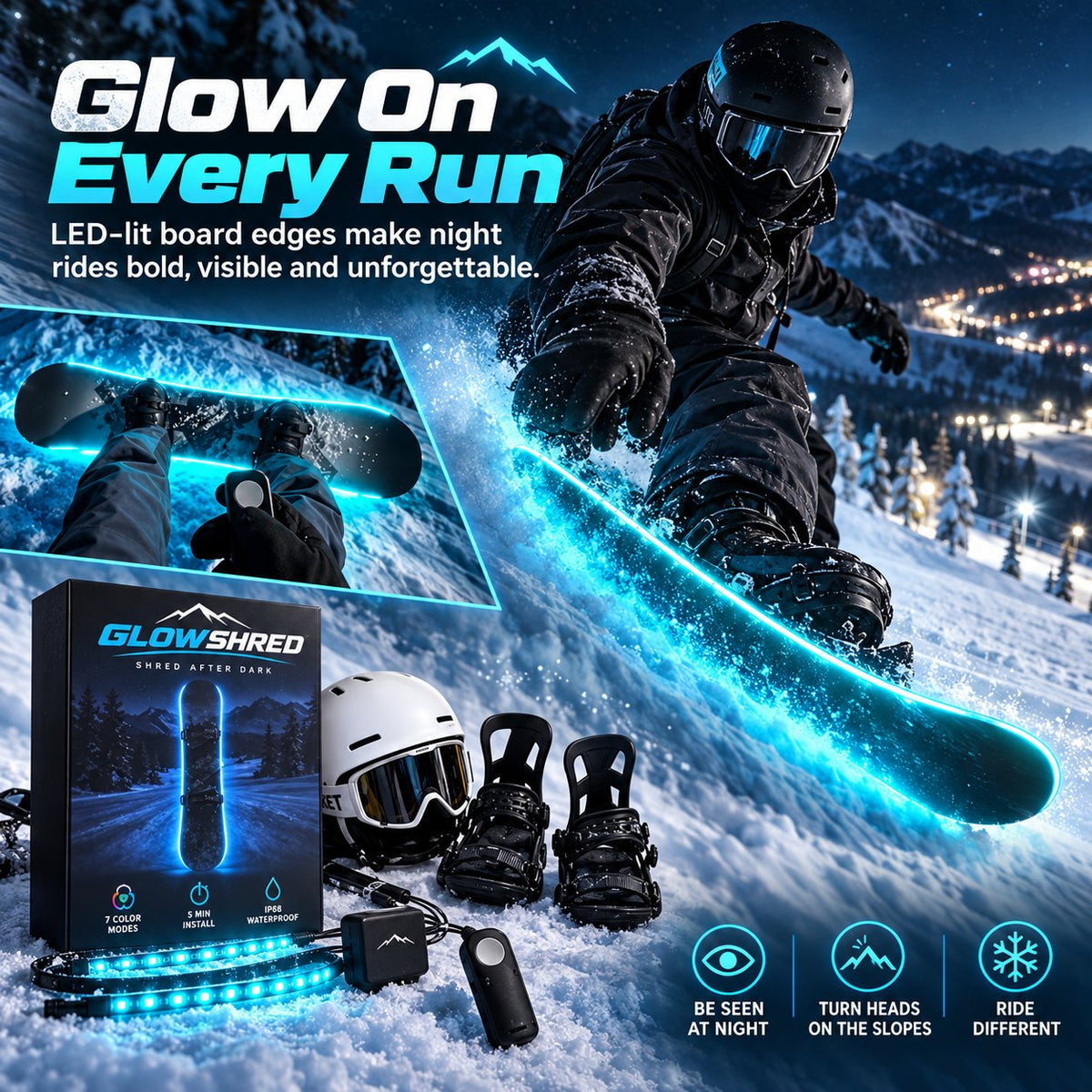 🏂 LED Snowboard Edge Light Kit – 7 Color Night Riding System❄️Light Up Every Run. Own Every Night✨
