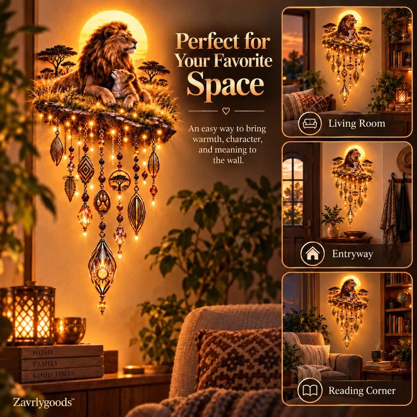 🦁 Lion & Cub Warm Glow Wall Décor – Savannah-Inspired Family Accent