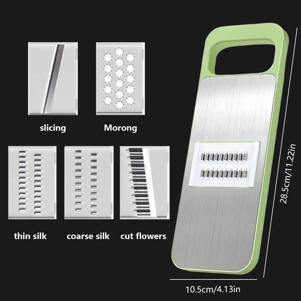 Multi-shaped slicer with adjustable stainless steel blades, thin silk, coarse silk cutter, flower slicing, comfortable handle, safe design, easy to clean, suitable for various ingredients such as vegetables and seasonings.
