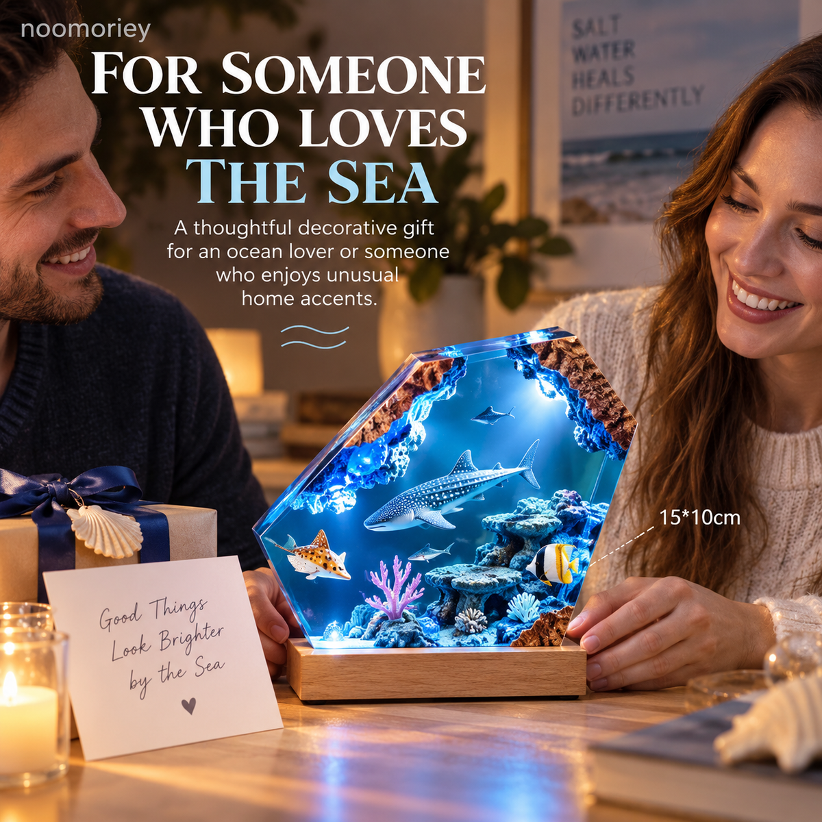 🌊 Ocean Scene Night Light – Whale Shark Display with Wood-Grain Base