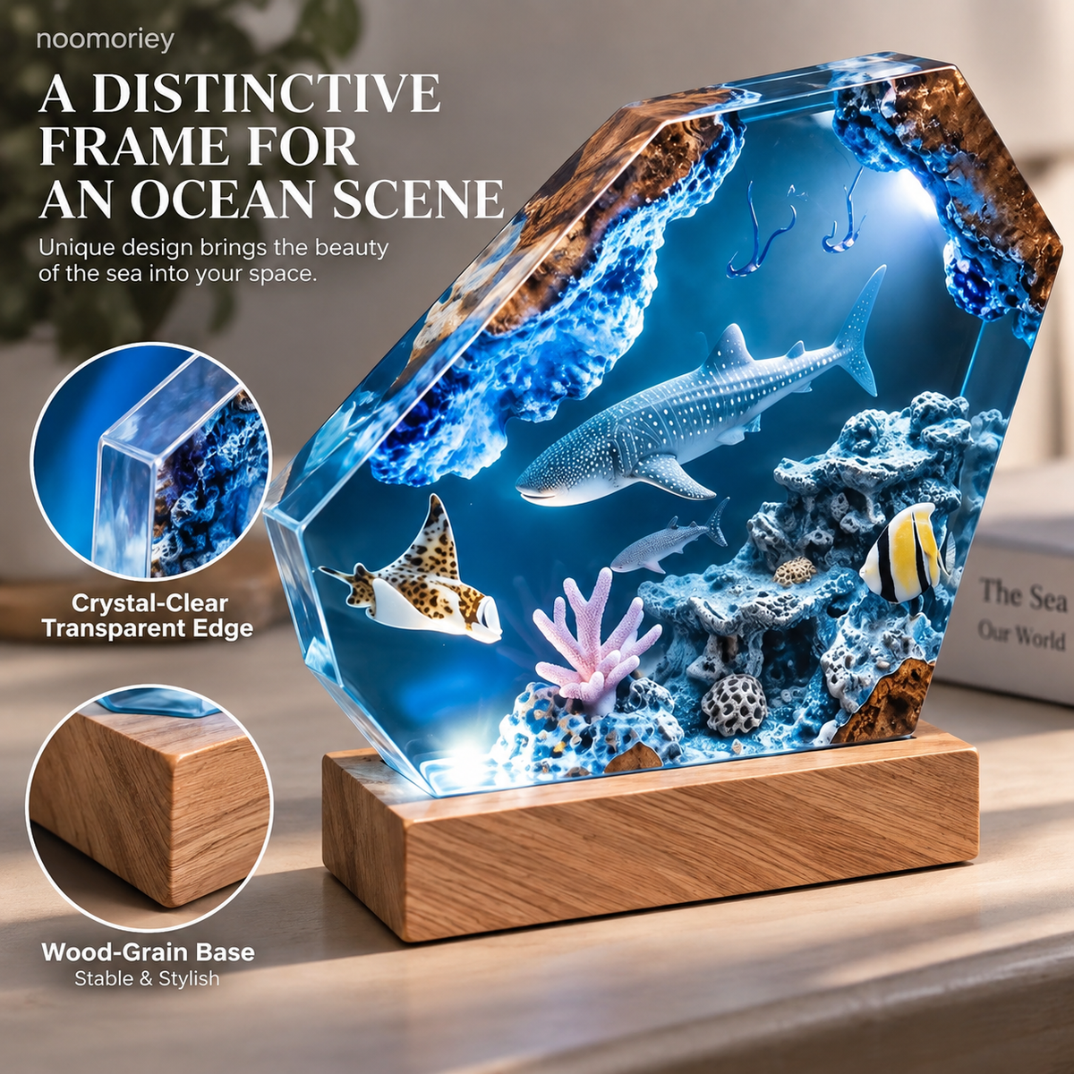 🌊 Ocean Scene Night Light – Whale Shark Display with Wood-Grain Base