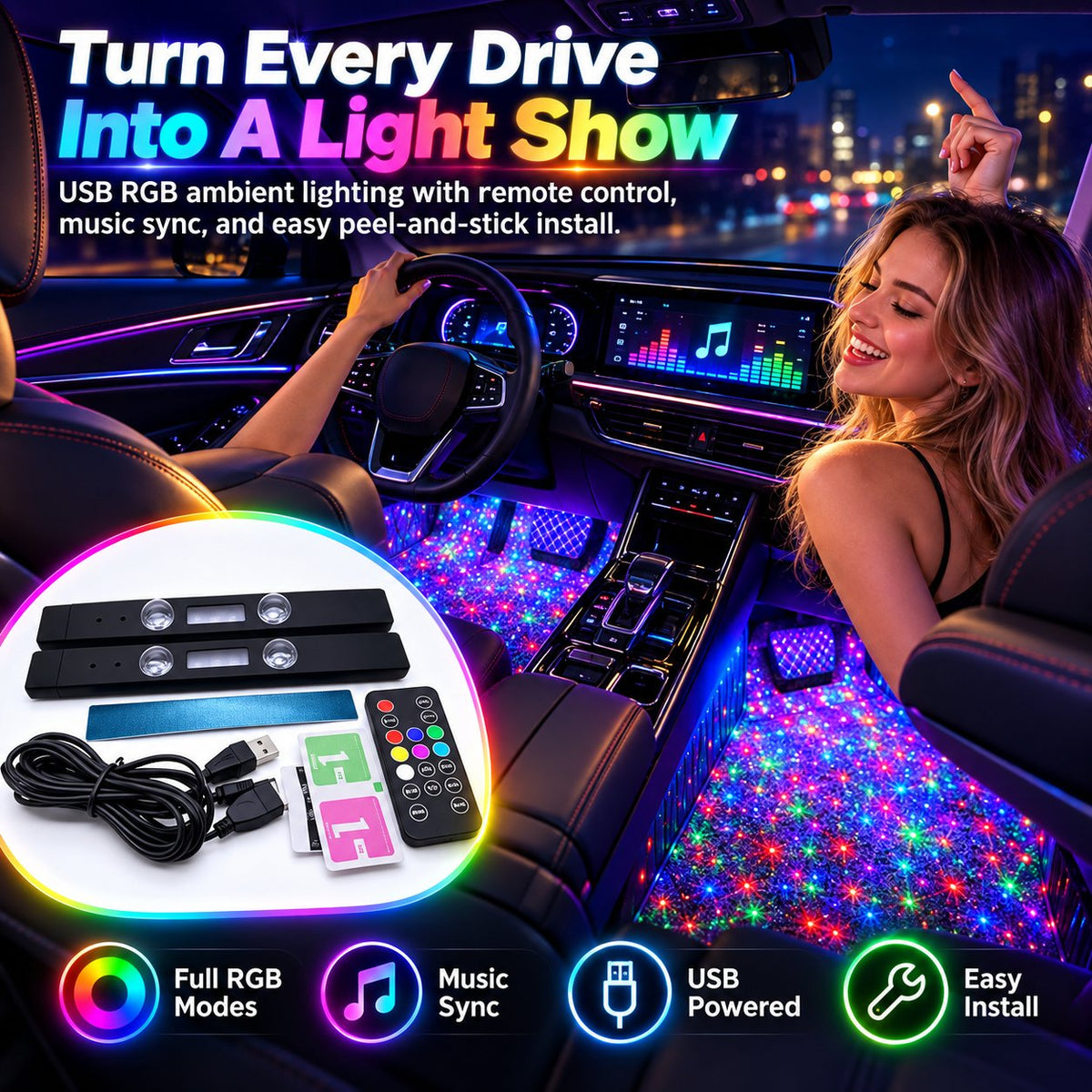 Wireless Car LED Ambient Lighting | Multi Color Music Sync Interior Light Set