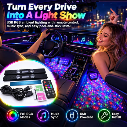 Wireless Car LED Ambient Lighting | Multi Color Music Sync Interior Light Set