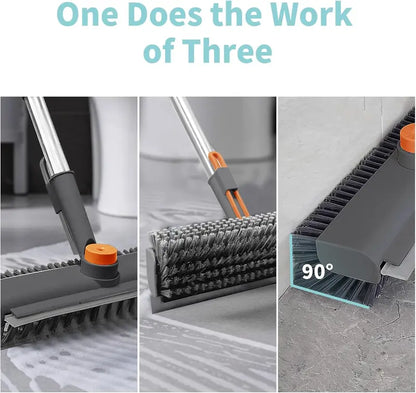 3-in-1 Floor Scrub Bathtub Brush with Long Handle, Double-Sided, Heavy-Duty Stiff Bristles & Squeegee