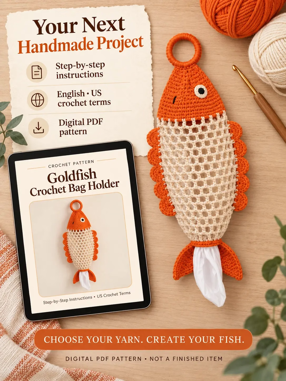 🐟 Goldfish Crochet Bag Holder PDF Pattern