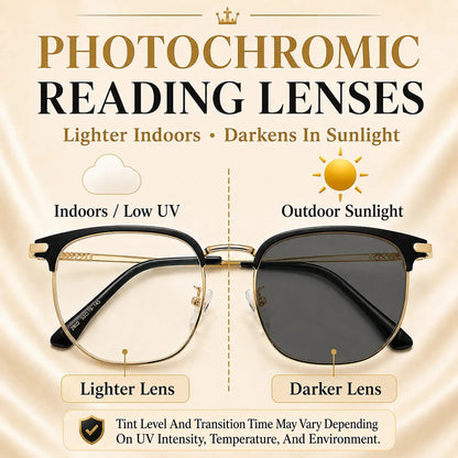 Photochromic Reading Eyewear - Unisex Square Browline Alloy Frame with UV Protection