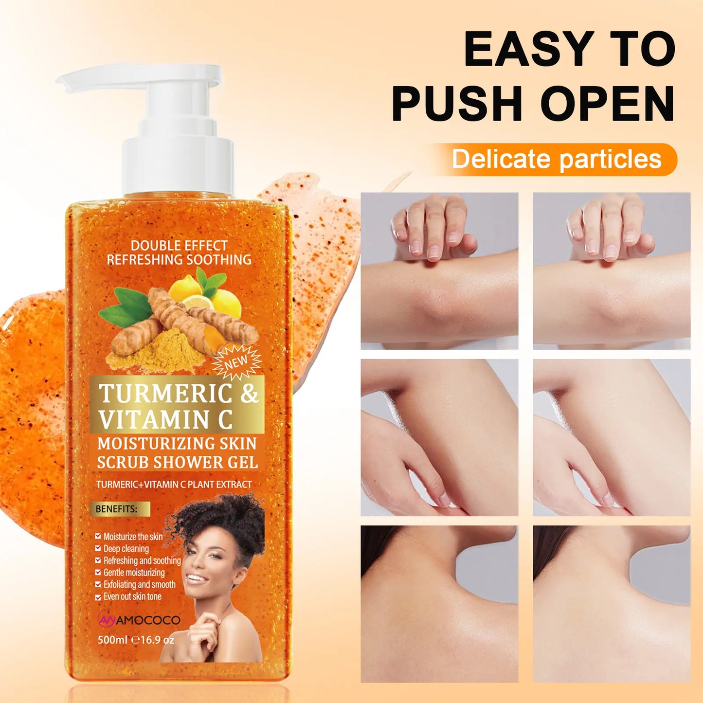 Turmeric Vitamin C Scrub Body Wash 500ml, gently moisturizing and soothing the skin with a long-lasting fragrance