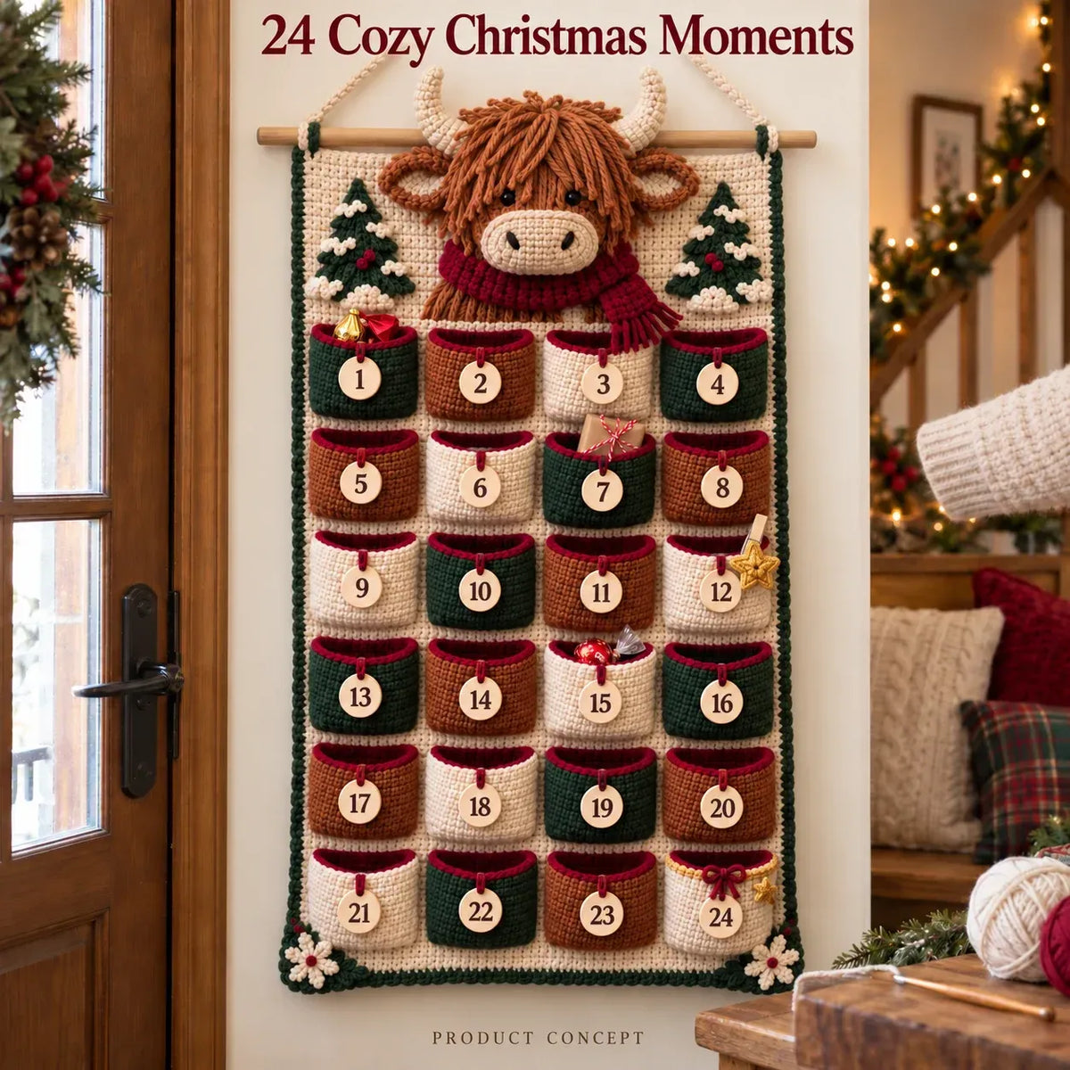 🧶 DIY Crochet Advent Calendar Kit | 24 Refillable Pockets, 4 Christmas Characters & Complete Crochet Materials 🎄