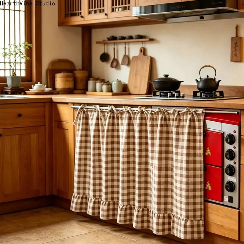2026 Farmhouse-Style Stove Curtain, Gingham Grid Ruffle-Edge Tier Curtains