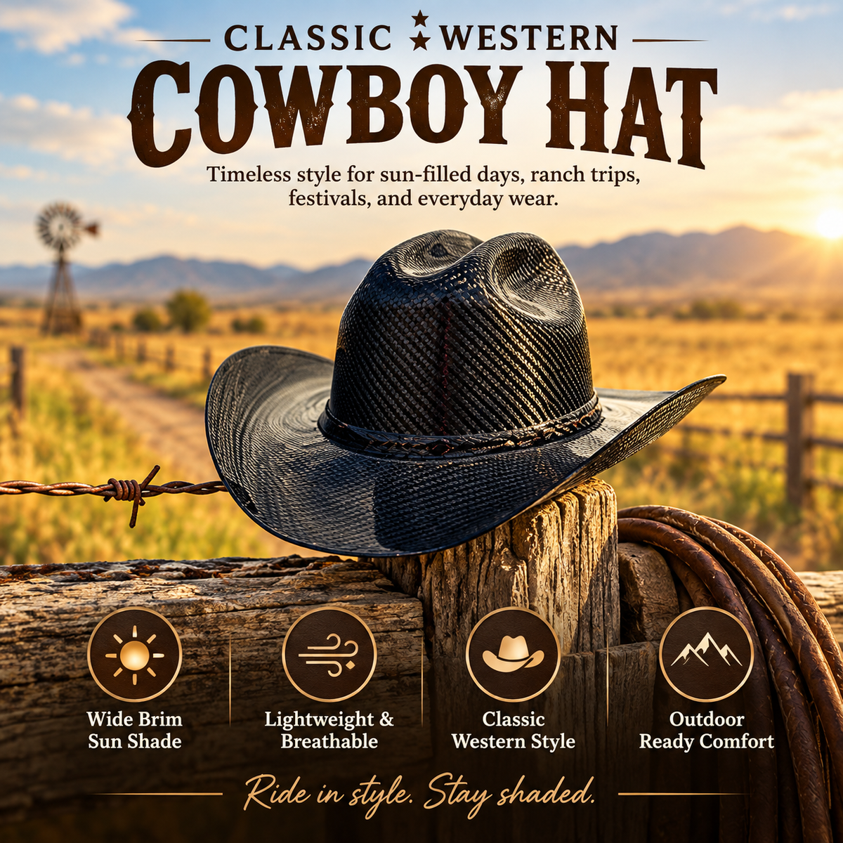 🤠 Classic Western Cowboy Hat – Wide Brim Outdoor Sun Hat for Ranch, Festival & Everyday Wear
