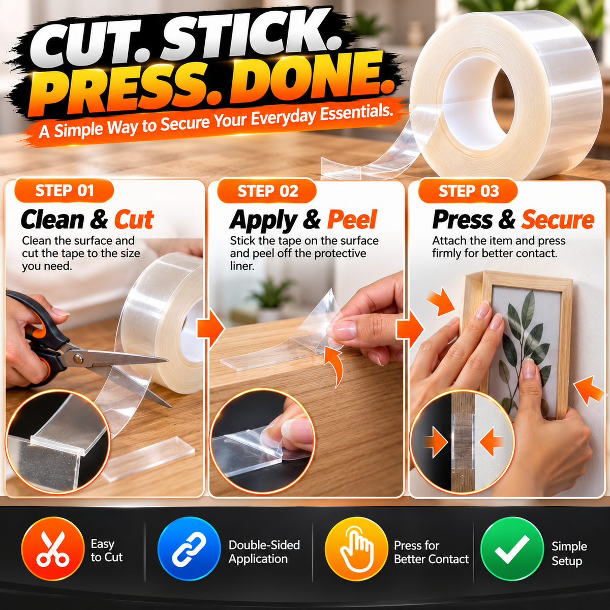 🔥 Extra-Thick Clear Double-Sided Tape – Heavy-Duty Strong Adhesive, Flexible & Tear-Resistant for Home & Office