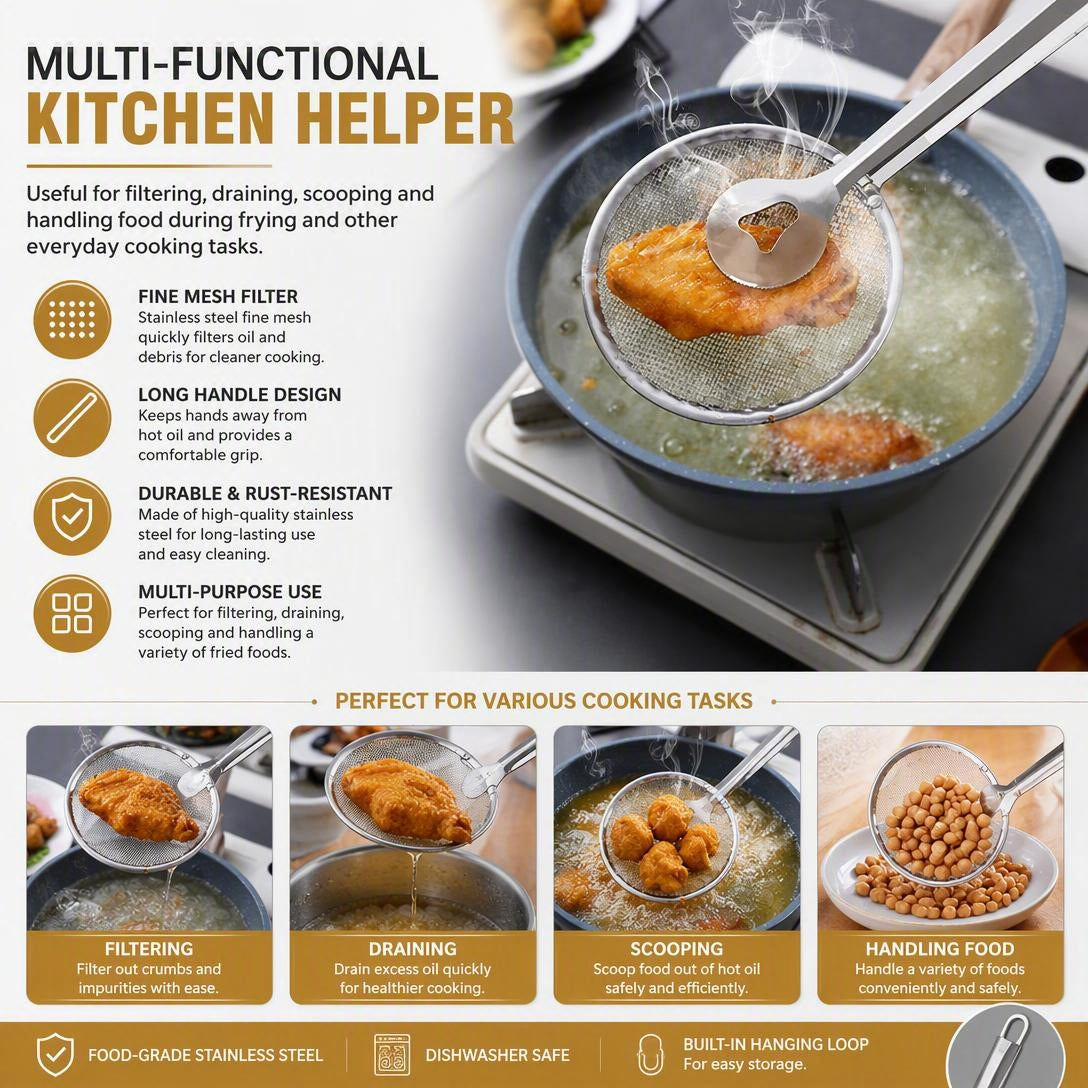 🍟 Stainless Steel Oil Strainer – Easy Deep-Frying Food Filter for Crispy Cooking