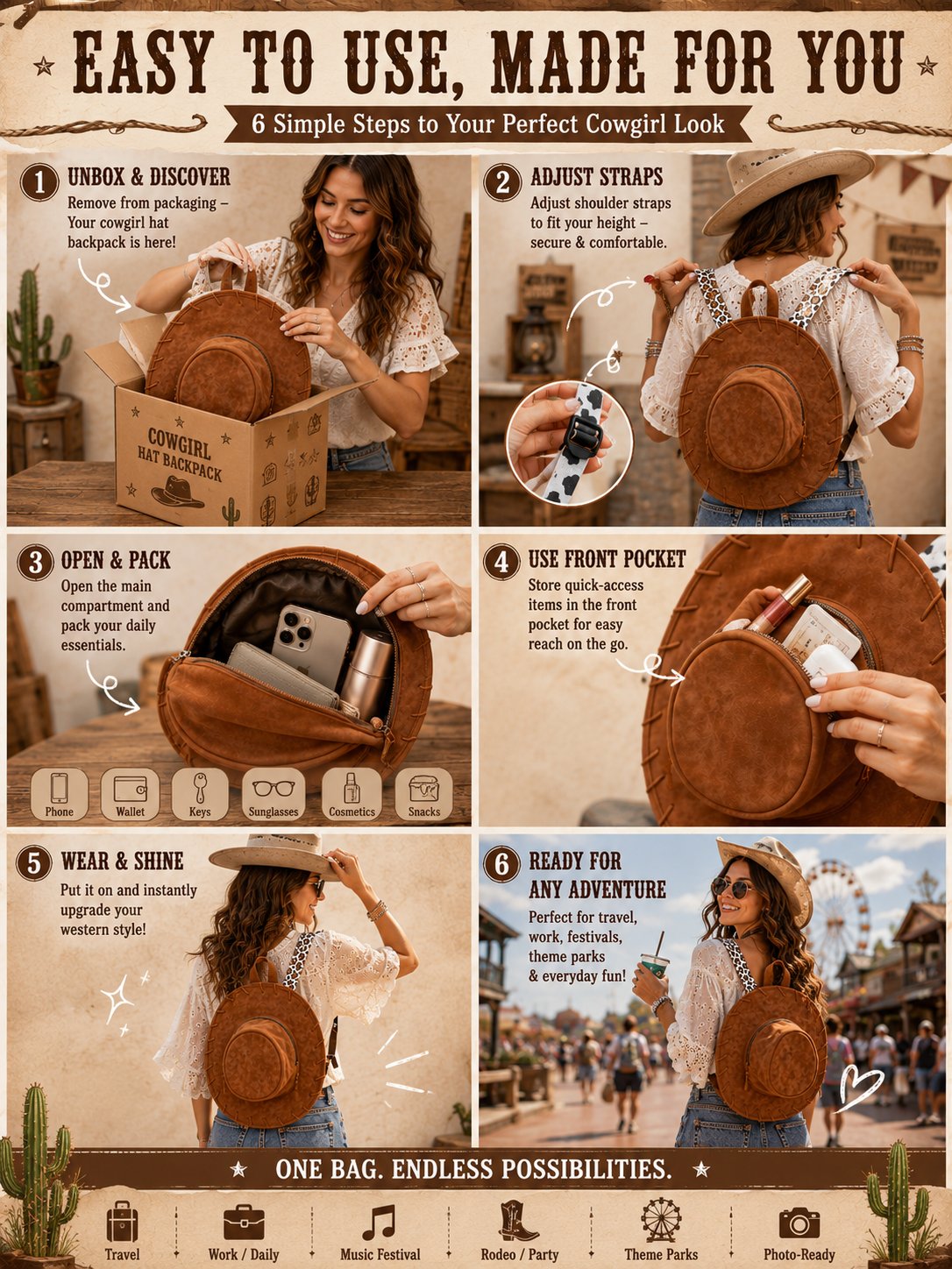 💥🏆Cowgirl Hat Backpack – Western Style Mini Backpack for Travel & Everyday Use